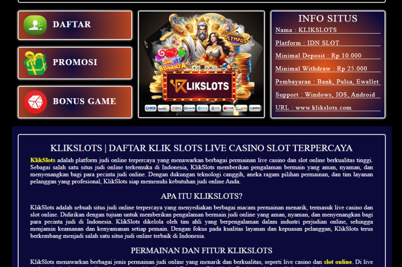 Klikslot Agen IDN Live dan Slot Online Winrate Menang 98%